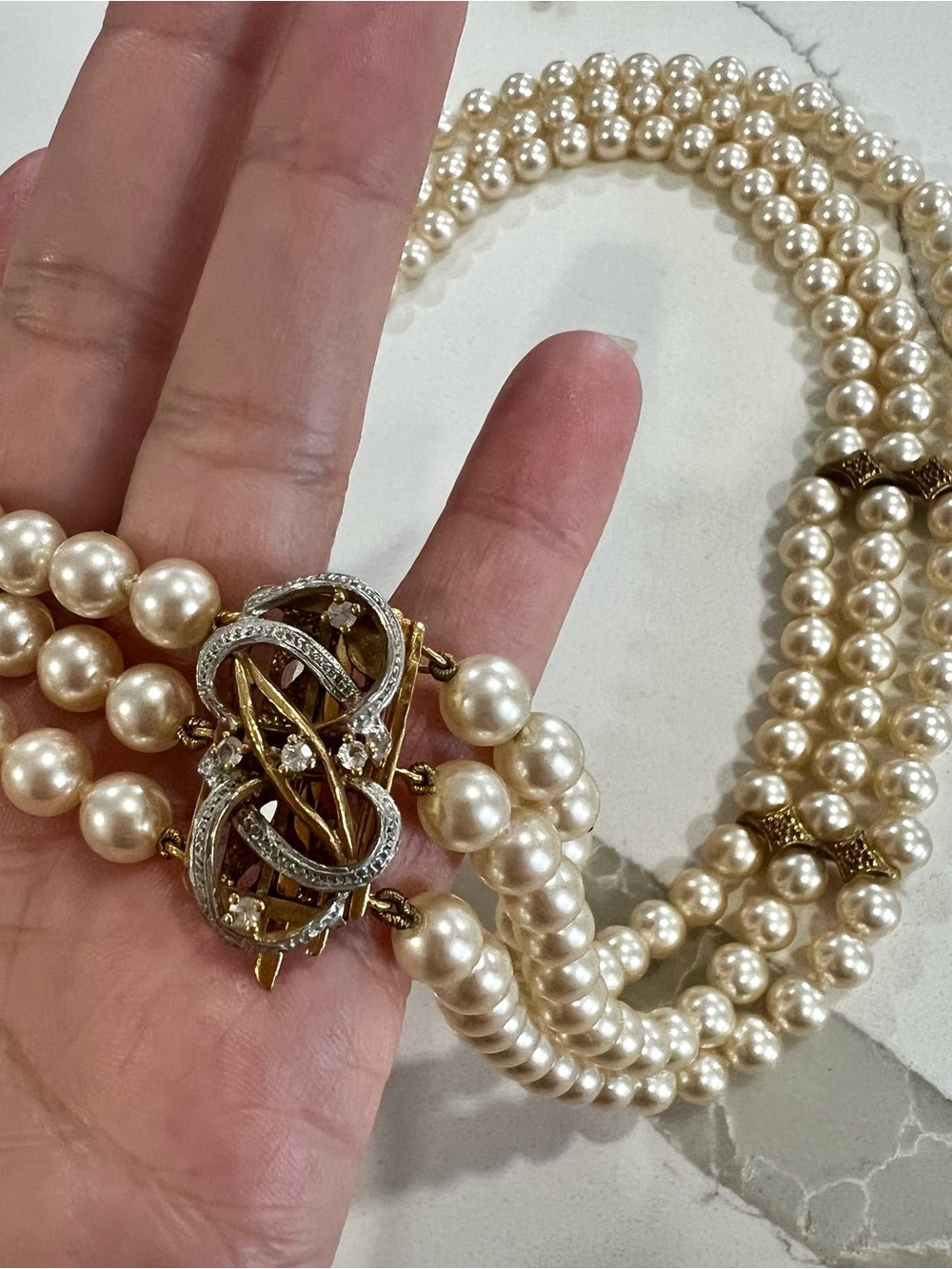 Vintage Triple Strand Ivory Faux Pearl Necklace Gold Tone Rhinestone Clasp